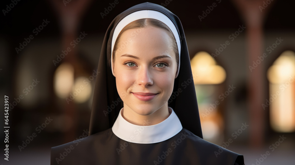 Portrait of a nun against a church background Portrait of a nun against a church background