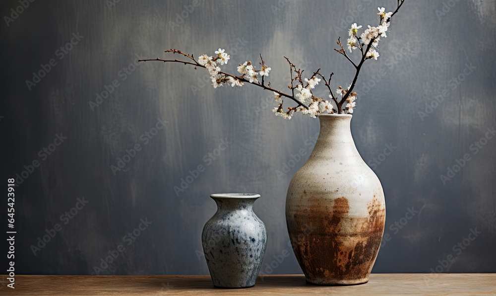 Close-up of a rustic Japanese clay vase in wabi-sabi style.