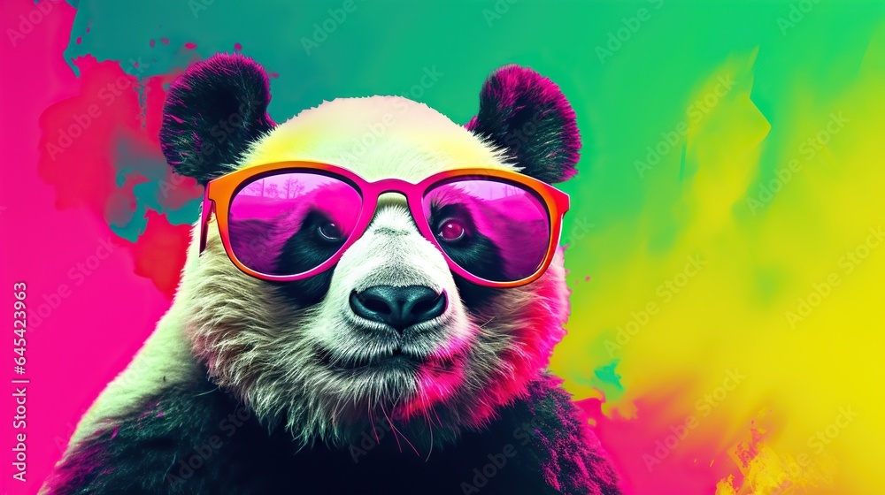  a panda bear wearing pink sunglasses and a colorful painting background.  generative ai