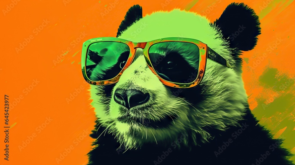  a panda bear with sunglasses on its head and a green background.  generative ai