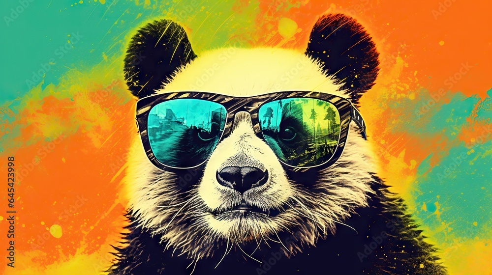  a panda bear with sunglasses on its face and a colorful background.  generative ai