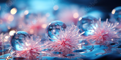 winter blue pink background with ice crystals, drops © aninna