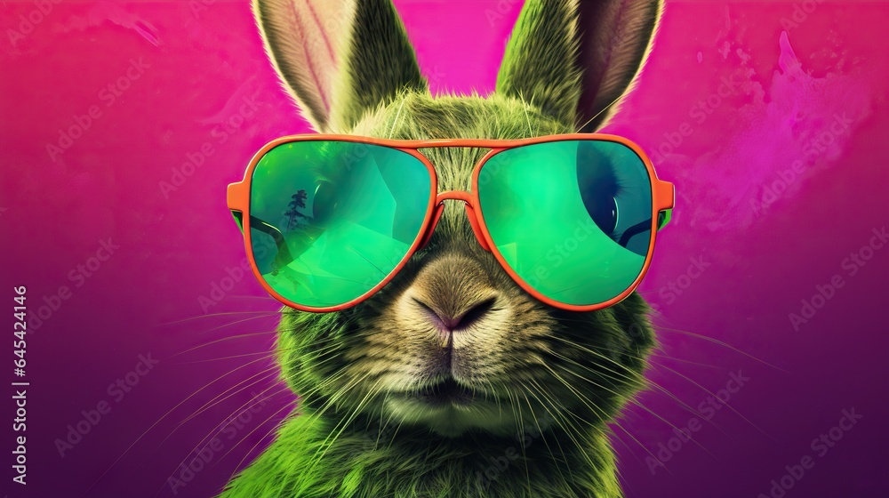  a rabbit with sunglasses on its head and a pink background.  generative ai
