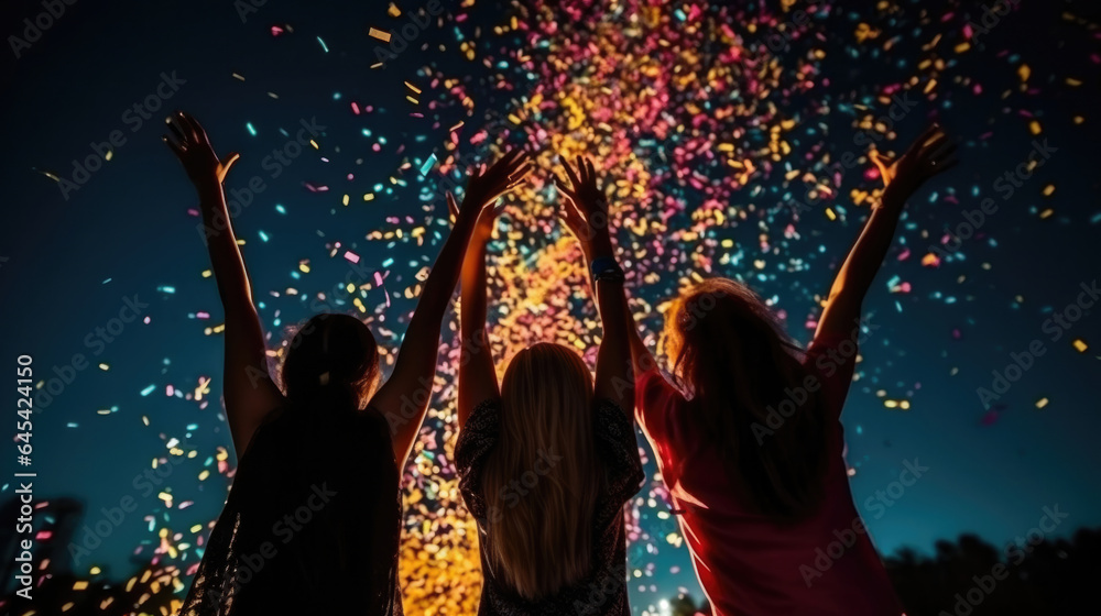 Carefree lady friendship have corporate festival buddies on neon modern disco with flying confetti hands up