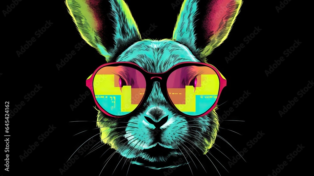  a rabbit wearing sunglasses with a black background and a black background.  generative ai