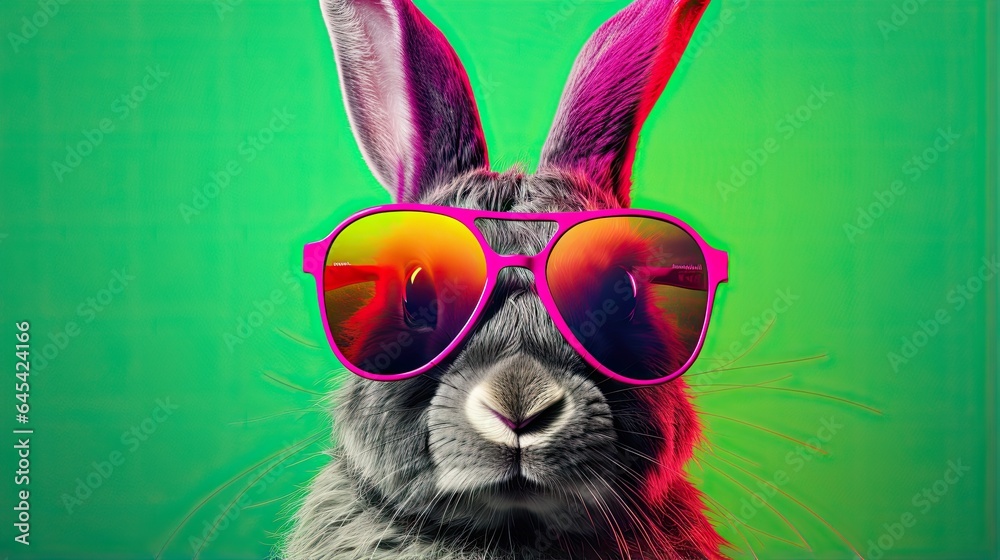  a rabbit wearing sunglasses with a green background and a green background.  generative ai
