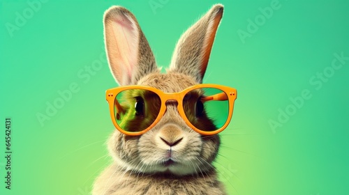  a rabbit wearing sunglasses with a green background and a green background.  generative ai