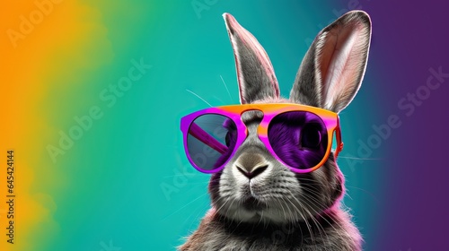  a rabbit wearing a pair of sunglasses with a rainbow background. generative ai