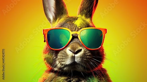  a rabbit with sunglasses on its head and a yellow background.  generative ai © Shanti