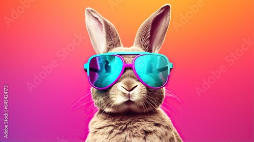  a rabbit with sunglasses on its head and a pink background. generative ai