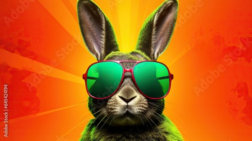  a rabbit with sunglasses on its head and a red background. generative ai