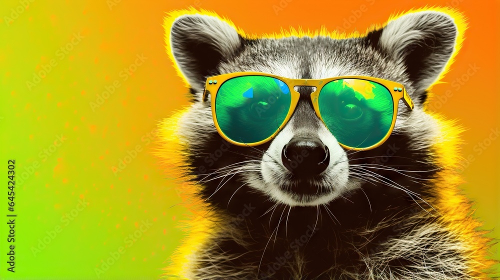  a raccoon with sunglasses on its head and a yellow background.  generative ai