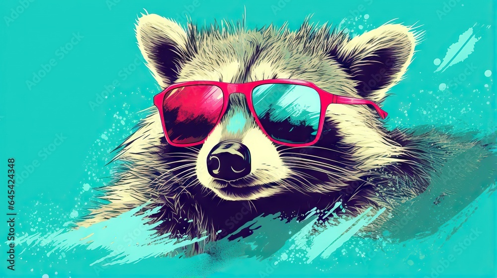  a raccoon wearing red sunglasses floating in the water.  generative ai