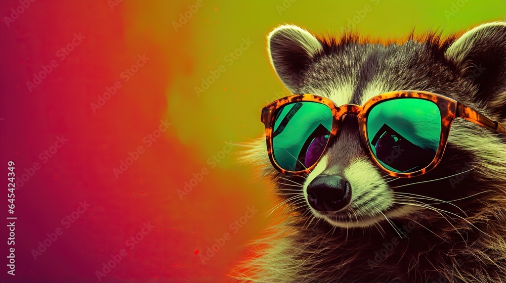  a raccoon wearing sunglasses with a colorful background behind it.  generative ai