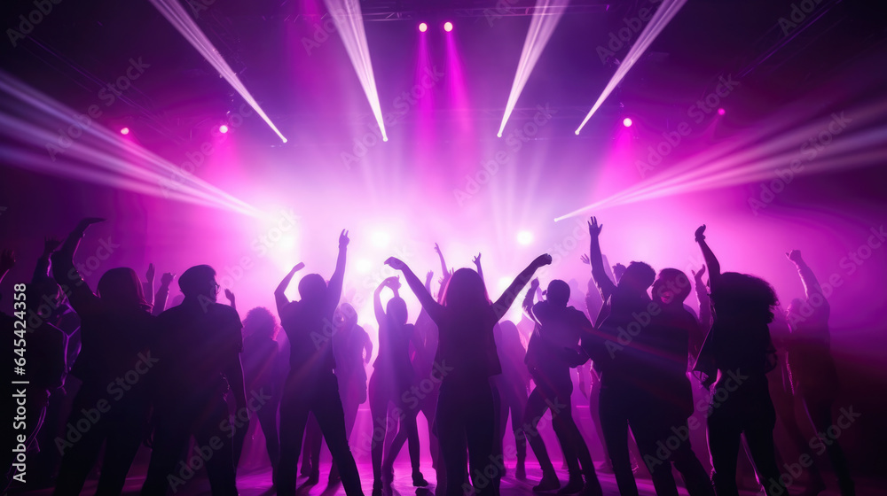 Team. A crowd of people in silhouette raises their hands on the dancefloor on neon light background. Night life, club, music, dance, motion, youth. Purple-pink colors and moving girls and boys.