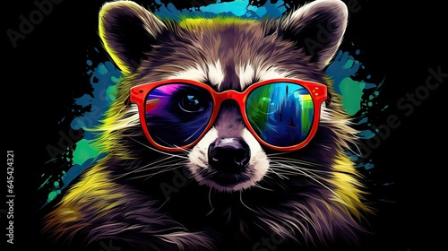  a raccoon wearing red sunglasses with a black background. generative ai