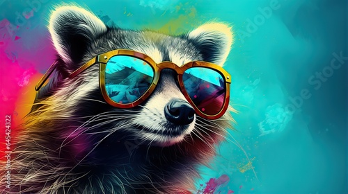  a raccoon wearing sunglasses with a colorful background behind it. generative ai