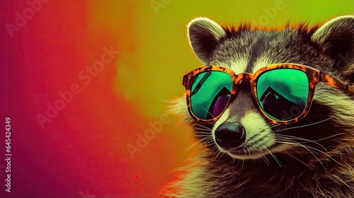  a raccoon wearing sunglasses with a colorful background behind it.  generative ai © Shanti