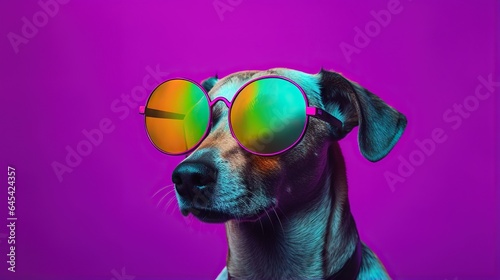  a dog with sunglasses on its head and a purple background.  generative ai © Shanti