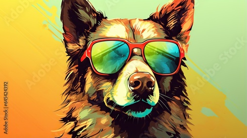  a dog with sunglasses on its head and a yellow background. generative ai