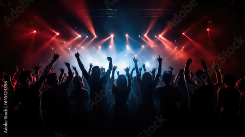 Team. A crowd of people in silhouette raises their hands on the dancefloor on neon light background. Night life  club  music  dance  motion  youth. Purple-pink colors and moving girls and boys.