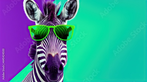  a zebra wearing green sunglasses and a purple and blue background.  generative ai