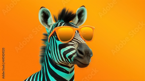  a zebra with sunglasses on its head and an orange background.  generative ai