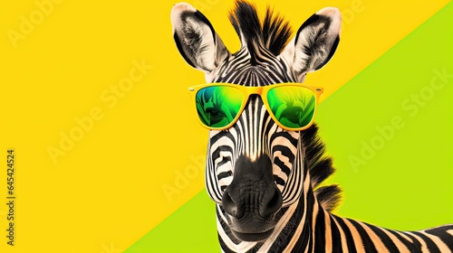  a zebra with sunglasses on its head and a yellow and green background.  generative ai