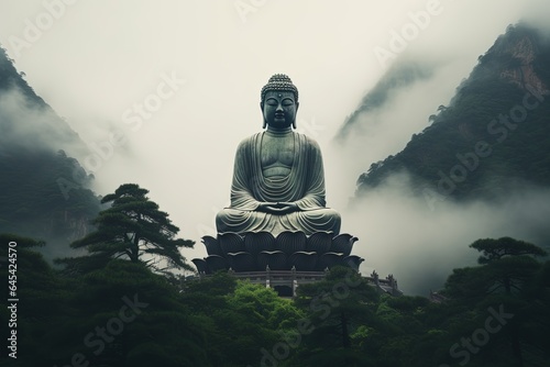 Buddha statue on the top of mountain in misty morning.Generative Ai