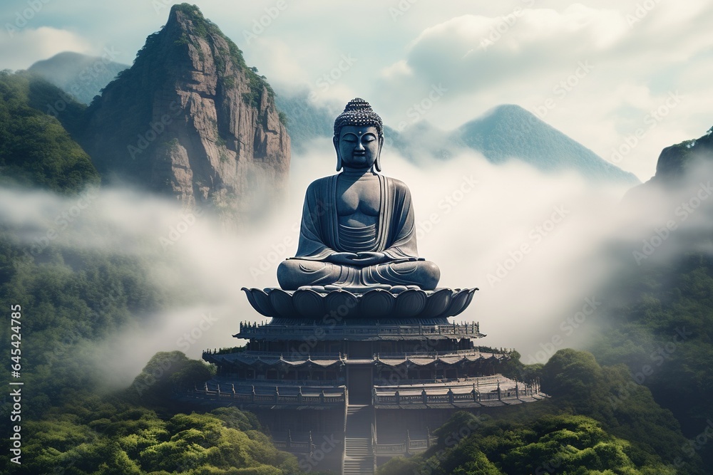 Fototapeta premium Buddha statue on the top of mountain in misty morning.Generative Ai
