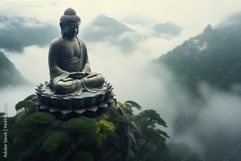 Buddha statue on the top of mountain in misty morning.Generative Ai Buddha statue on the top of mountain in misty morning.Generative Ai