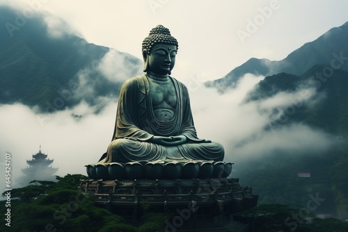 Buddha statue on the top of mountain in misty morning.Generative Ai