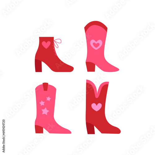 Set of funky pink disco boots. Vector flat illustration of cowboy boots on isolated background. Cowgirl western concept