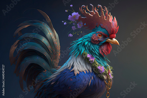 A blue rooster with flowers. Generative AI