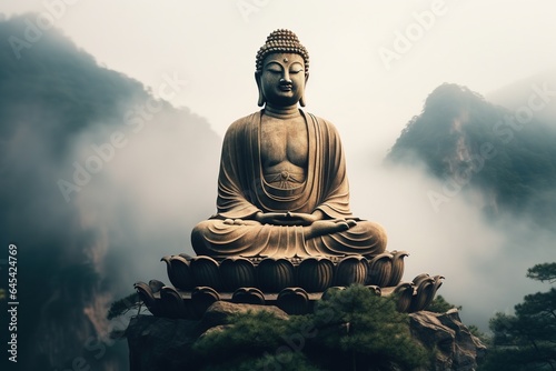 Buddha statue on the top of mountain in misty morning.Generative Ai