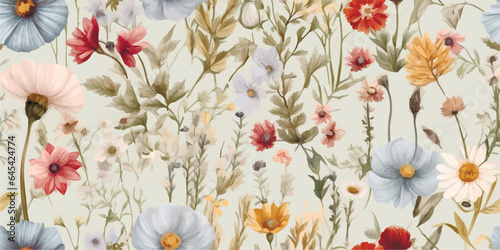 Modern contemporary Seamless pattern with ethereal wildflowers, leaves. vintage dry pressed wild flower plants, grass. Nature floral background. Texture for Cloth, Textile, Wallpaper, fashion prints