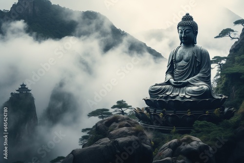 Buddha statue on the top of mountain in misty morning.Generative Ai