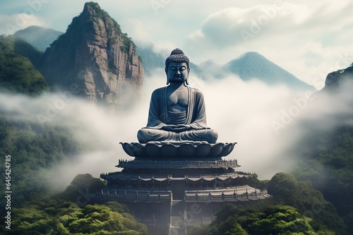 Buddha statue on the top of mountain in misty morning.Generative Ai © Rudsaphon