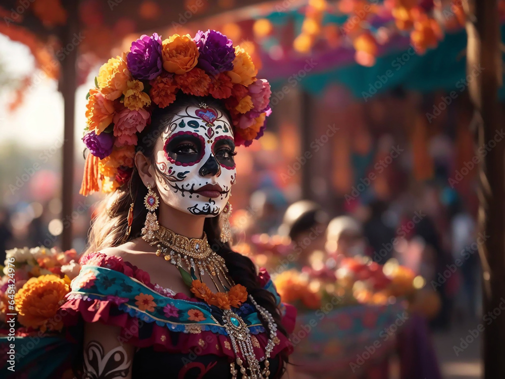 Mexican woman with sugar skull makeup in market