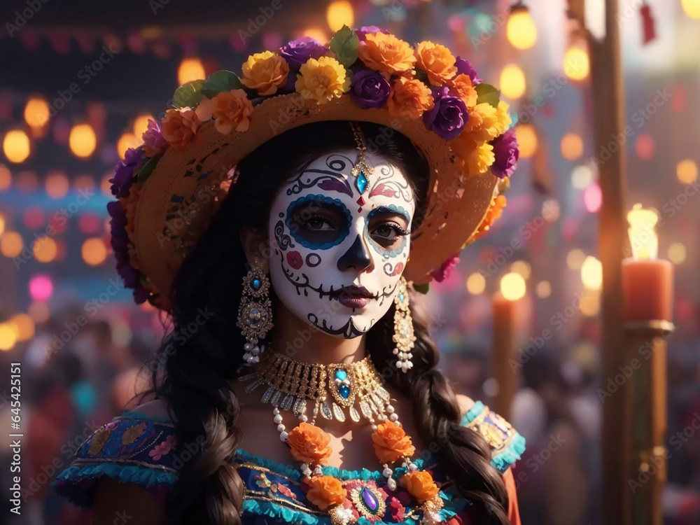 Woman with sugar skull makeup and flowers Decorations