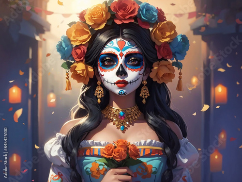 Portrait of Mexican Woman with sugar skull makeup Holding rose flower