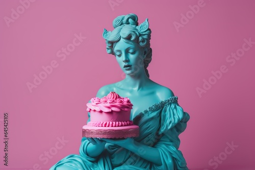 Antique sculpture of a woman with a birthday cake. Modern art, neoclassical style in pink and blue colors.