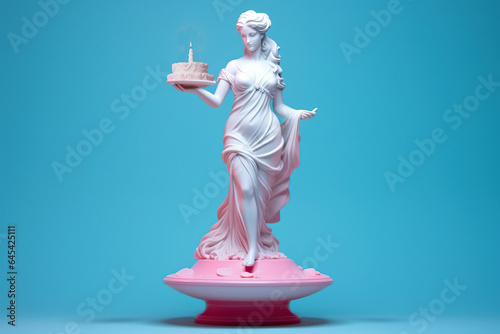 Antique statue of a woman with a birthday cake. Modern art, neoclassical style in pink and blue colors.