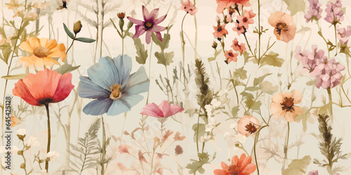 Modern contemporary Seamless pattern with ethereal wildflowers, leaves. vintage dry pressed wild flower plants, grass. Nature floral background. Texture for Cloth, Textile, Wallpaper, fashion prints