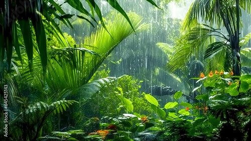 flowering plants and trees in the rain in the forest