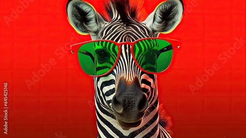  a zebra wearing red sunglasses and a green pair of sunglasses.  generative ai