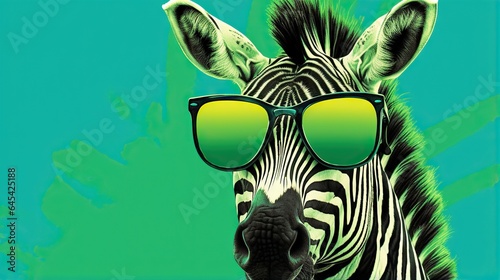  a zebra wearing sunglasses with a green background and a blue background.  generative ai