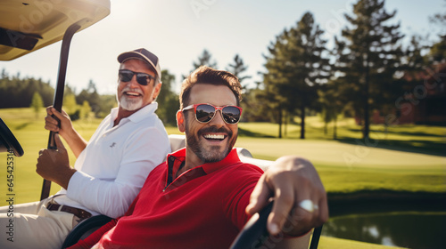 Group of men take fun in golf field. Generative Ai © Vika art