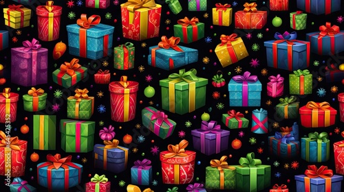  a lot of presents that are on a black background with stars. generative ai