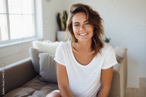 Strahlendes Lächeln: Schöne Frau im weißen T-Shirt mit makellosen Zähnen